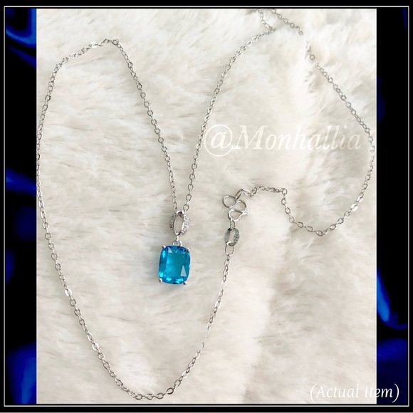 925 silver emerald cut aquamarine London blue topaz sim diamond pave necklace - Picture 4 of 5